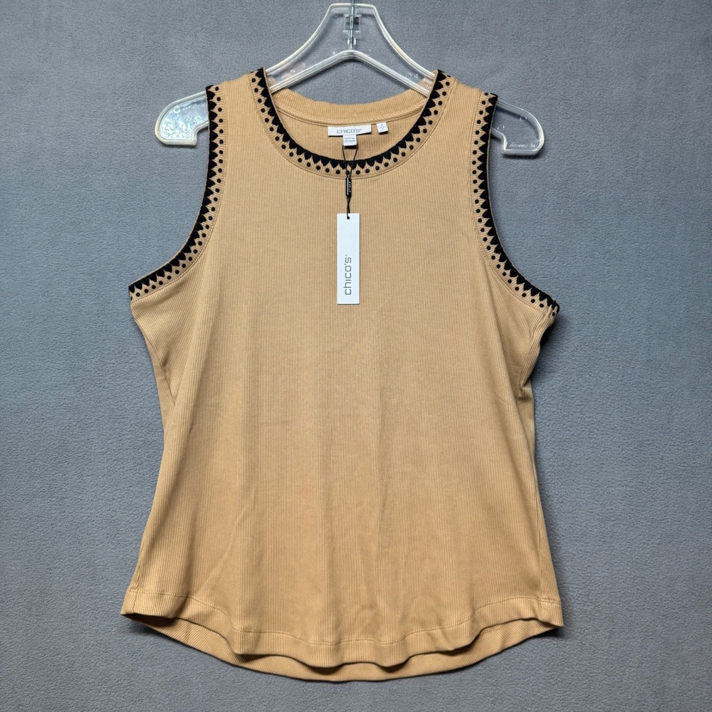 Chicos Tank Top Contrast Trim Ribbed Knit Cafe Aroma 2 Large Boho Scoop Neck